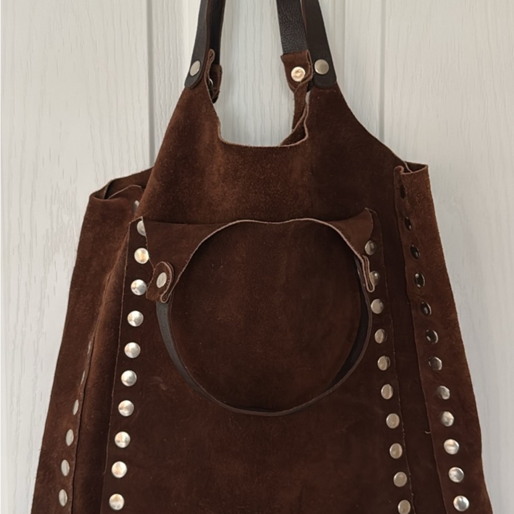 Brown Suede Tote Bag with Stud Accents